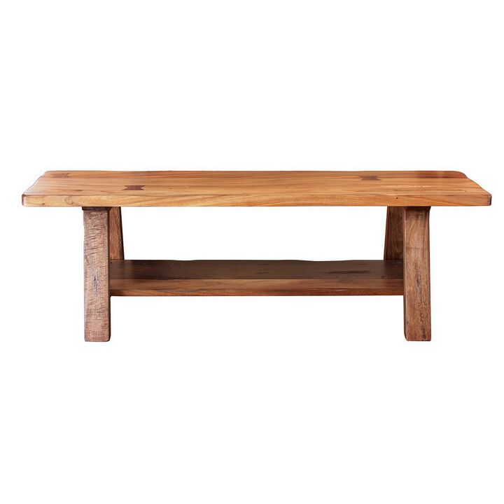 Umey 59 Inch Bench, Solid Mango Wood With Grain Details, 1 Shelf, Brown -Benzara