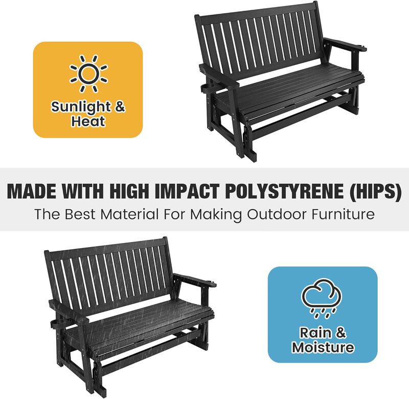 HIPS Patio Glider with Cup Holders, All-Weather Resistant, High Backrest and Deep Contoured Seat, Heavy Duty 900 LB (3-Seat,Black)