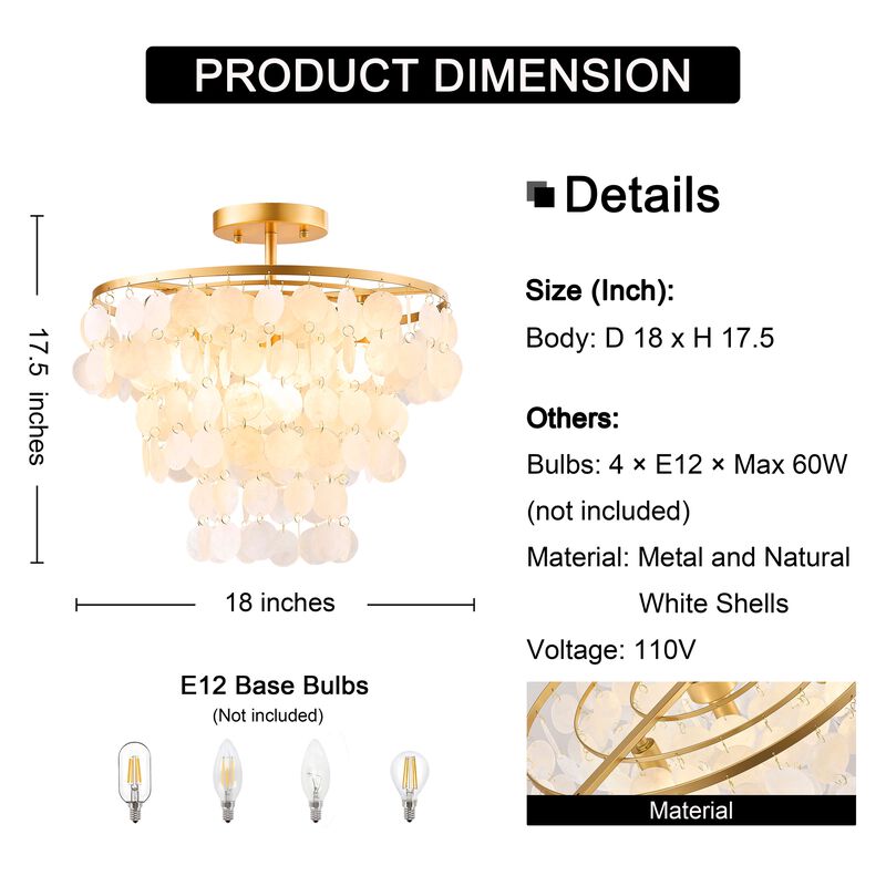 Pilar 4-Light Glossy Bronze Finish Natural White Shell Flush Mount image number 6
