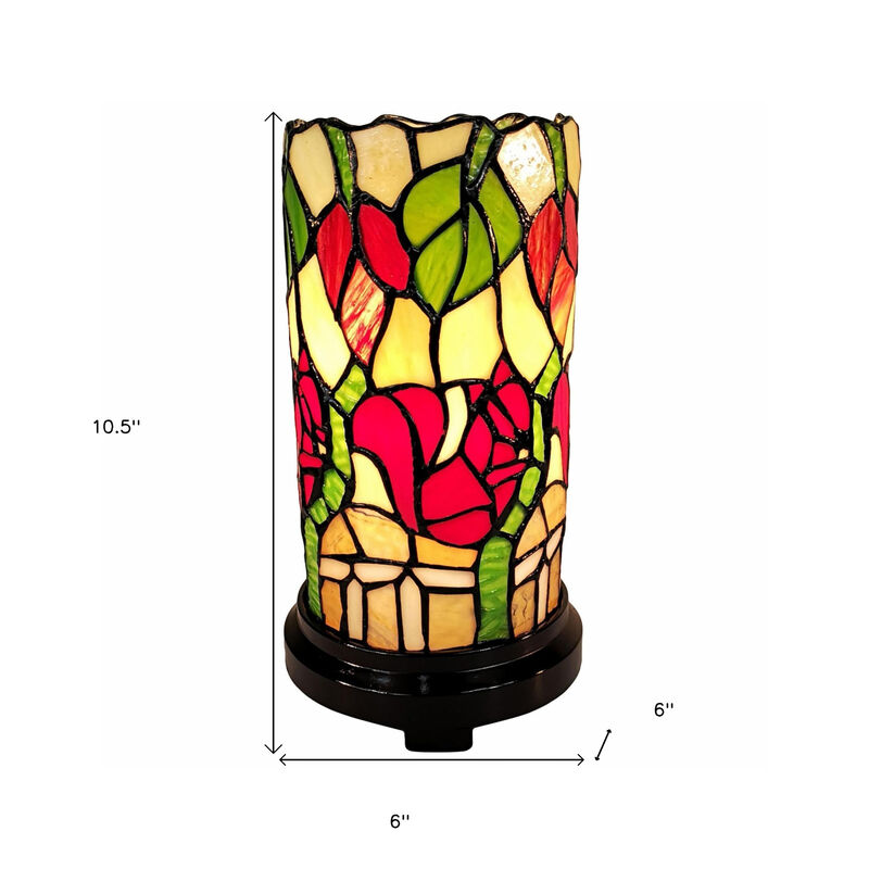 Hivvago 14" Red Green and Black Floral Stained Glass Accent Lamp