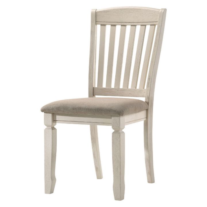 18 Inch Dining Chair, Fabric Padded Seat, Slatted, Set of 2, Antique White-Benzara