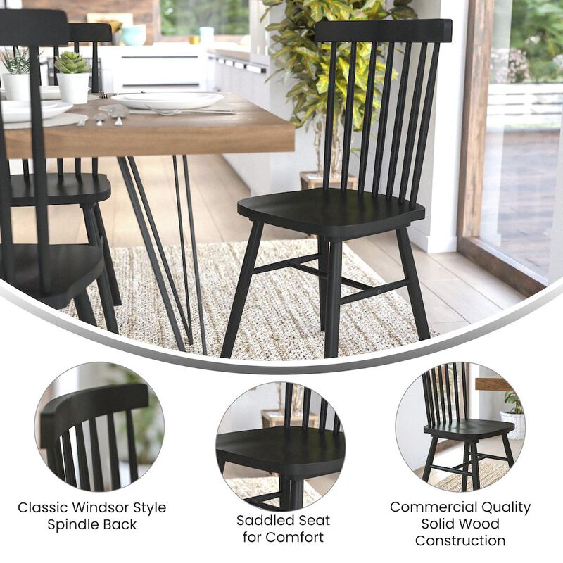 Flash Furniture Set of 2 Windsor Dining Chairs, Solid Wood Armless in Black image number 8