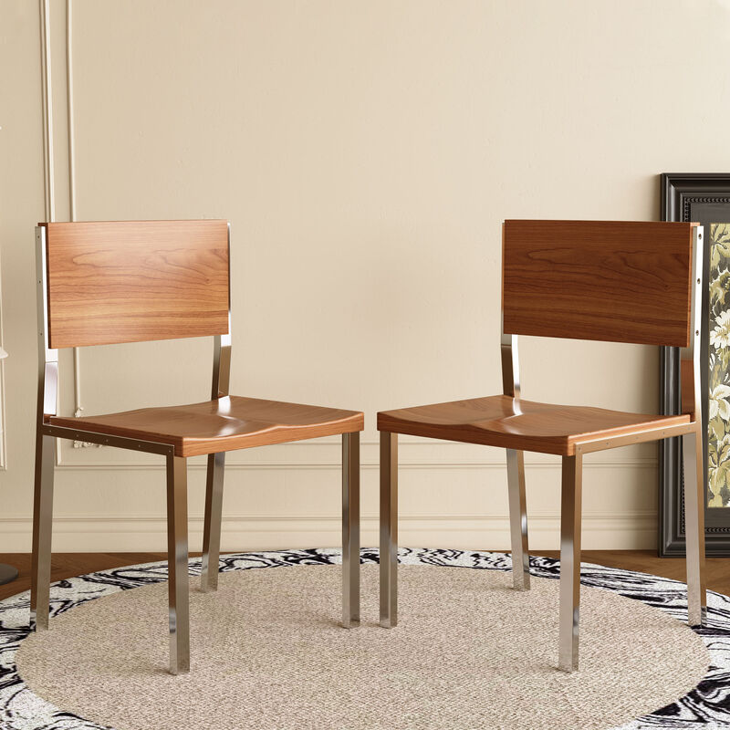 Wooden Dinning Chair with Stainless Steel Frame for Dinning Room 2-piece 17.3" Brown