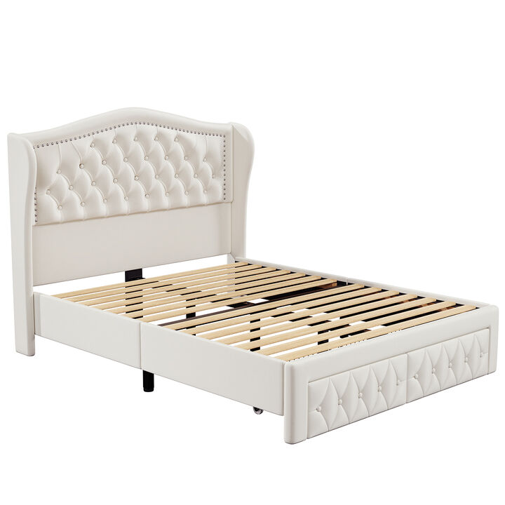 Queen Velvet Upholstered Platform Bed Frame with 52.6" Wingback Tufted Headboard, 2 Storage Drawers