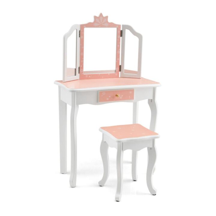 Hivvago Princess Vanity Table and Chair Set with Tri-Folding Mirror and Snowflake Print
