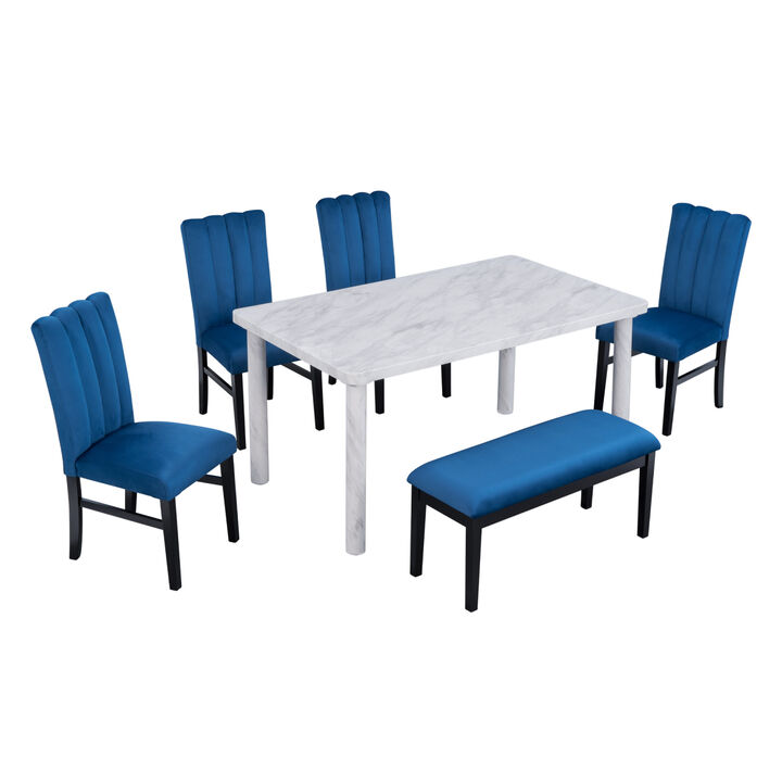 6-Piece Dining Table Set with Marble Veneer Table and 4 Flannelette Upholstered Dining Chairs & Bench