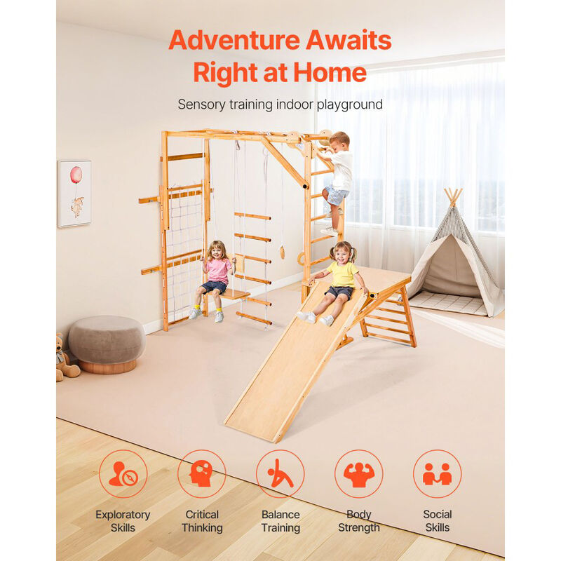 8 in 1 Wooden Indoor Playground Kids Climbing Gym with Slide Swing image number 4