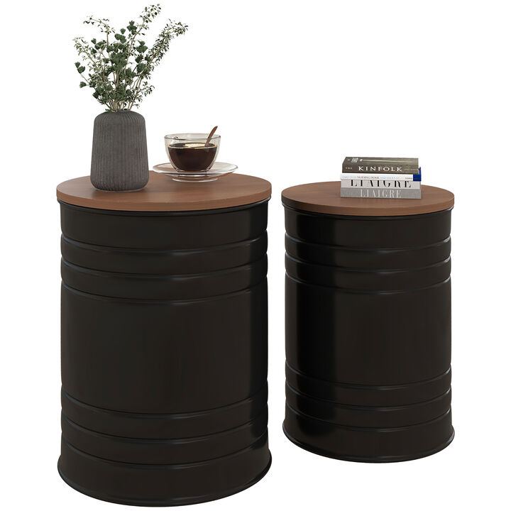 HOMCOM Nesting End Table Set of 2, Round Storage Ottoman Stool with Removable Wood Lid, Metal Frame & Hidden Space, Farmhouse Side Table for Living Room, Black