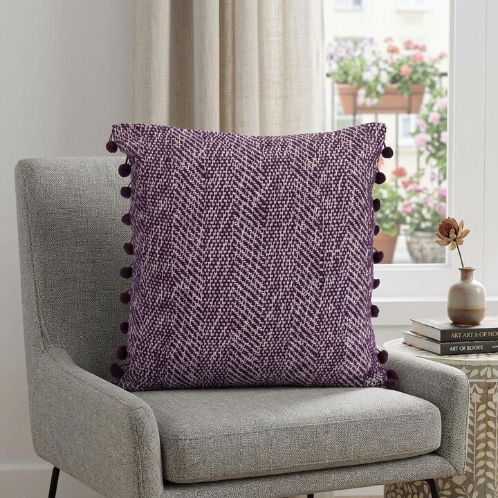 HomeRoots 18" Purple and White Weave Cotton Throw Pillow With Pom Poms