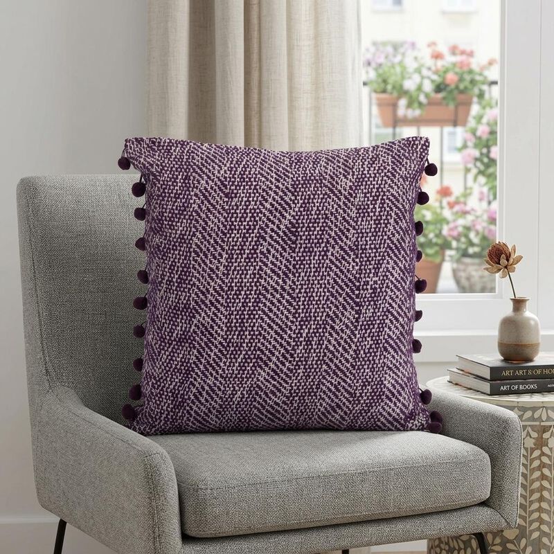 HomeRoots 18" Purple and White Weave Cotton Throw Pillow With Pom Poms image number 1