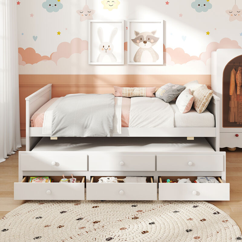 White Full Bed with Twin Trundle and 3 Built-In Storage Drawers image number 4