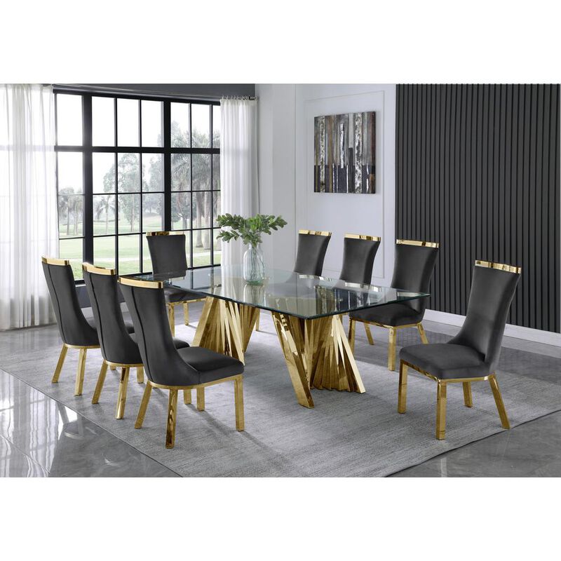 9pc dining set- Recatngle Glass table with gold color base and Dark Grey velvet chairs