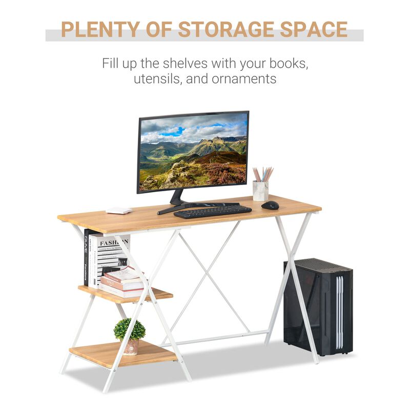 Natural Wood Study Station: Corner Desk with 2-Tier Storage Shelves