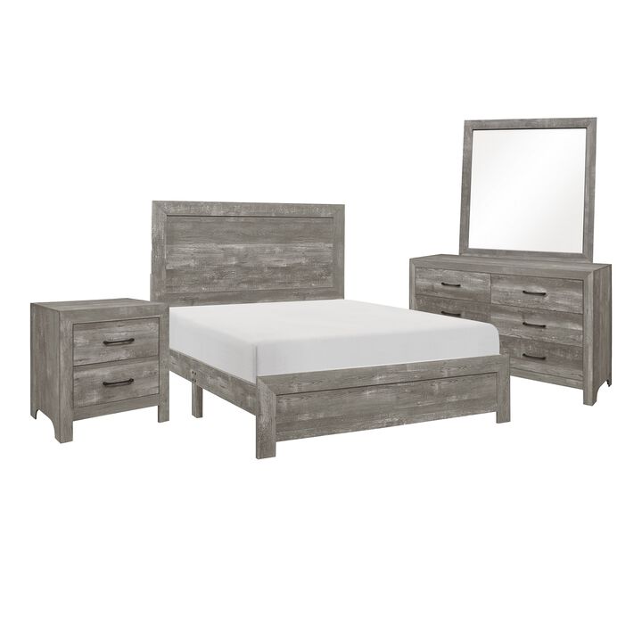 Ko Four Piece California King Size Bedroom Set, Panel Detailings, Black Metal Handles, Rustic Gray - Benzara
