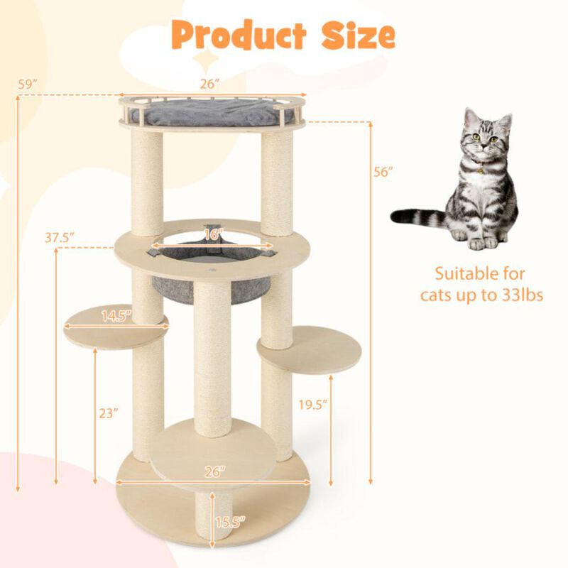 Hivvago 5-level Wooden Cat Tree with Padded Perch Non-woven Hammock