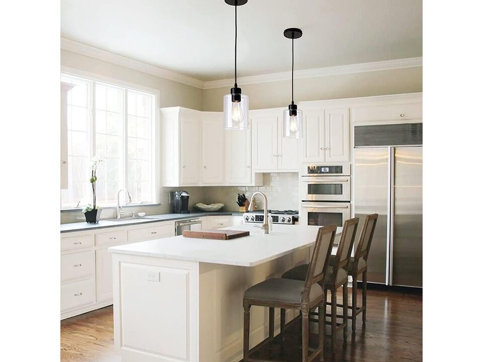 Modern Black Farmhouse Clear Glass Cylinder Pendant Light Fixture 2 Pack