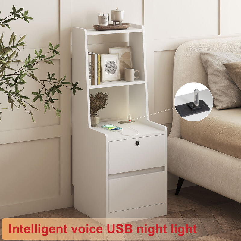 Mondawe Modern Nightstand, Smart Nightstand With Nightlight And Rechargeable Bedroom Storage