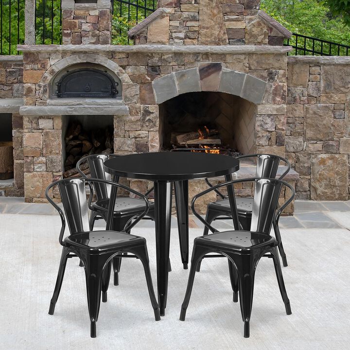 Flash Furniture Commercial Grade 30" Round Black Metal Indoor-Outdoor Table Set with 4 Arm Chairs