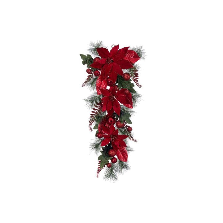 Vickerman 32" Merry Red Poinsettia, Ball, and Fern Decorated Teardrop.