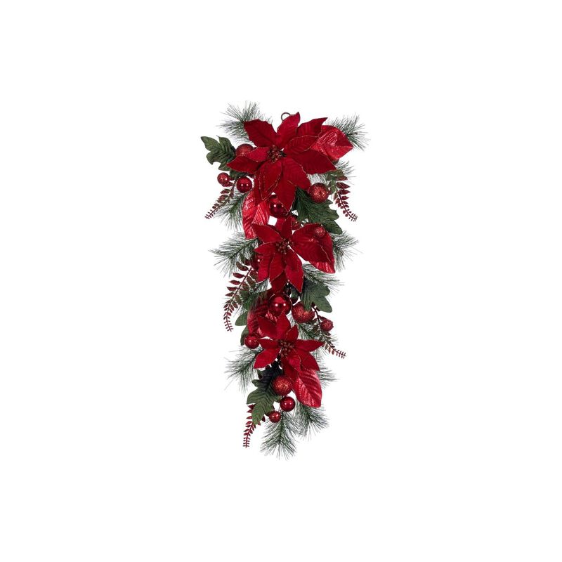 Vickerman 32" Merry Red Poinsettia, Ball, and Fern Decorated Teardrop. image number 0