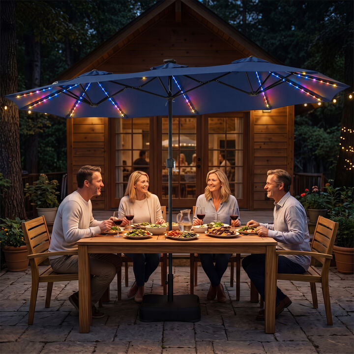 Outdoor 13 FT Double Sided Umbrella with 108 LED Lights and Stable Base for Backyard Use
