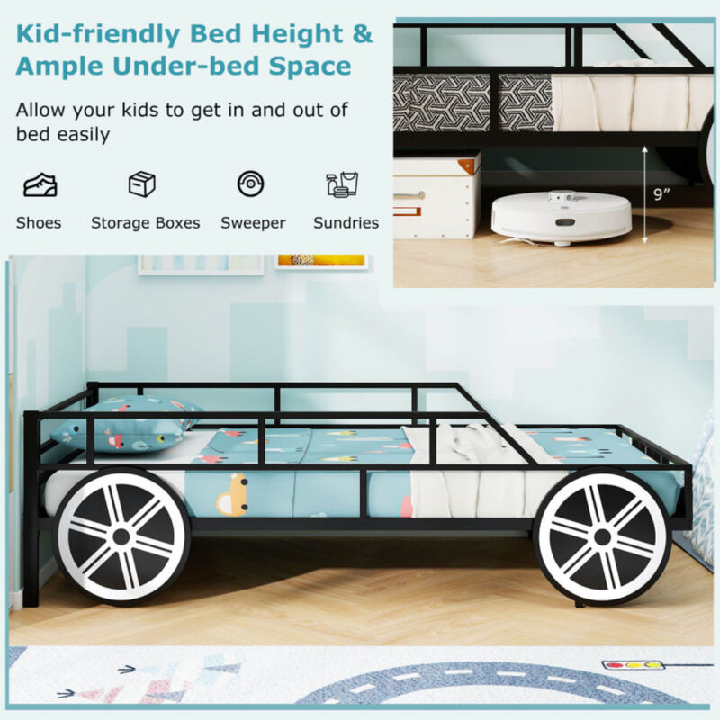 Car-Shaped Metal Bed Frame with Safety Guardrails, Fun Kids' Bed for Bedroom