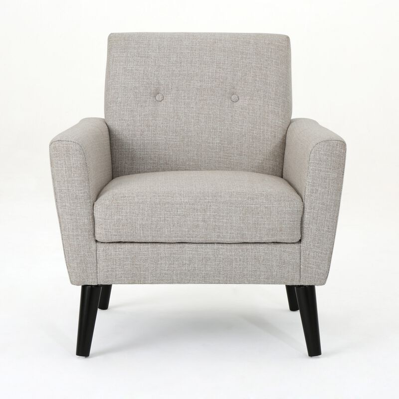 Accent Club Chair, Nailhead Trim Scrolled Arms, Birch Wood and Beige Fabric