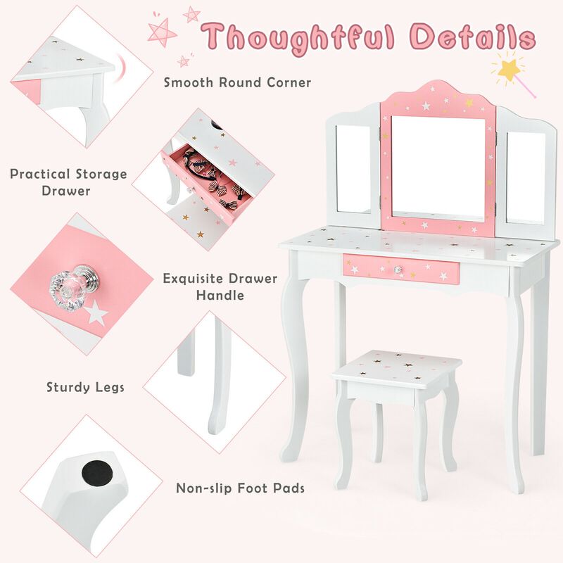 Kids Princess Vanity Table and Stool Set with Tri-folding Mirror and Drawer