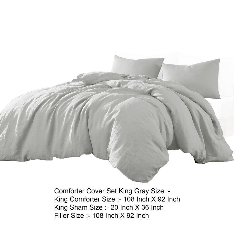 Edge 4 Piece King Size Duvet Comforter Set, Washed Linen, Cotton, Soft Gray - Benzara image number 4