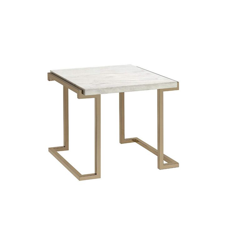 Marble Top End Table With Metal Base, White And Gold-Benzara