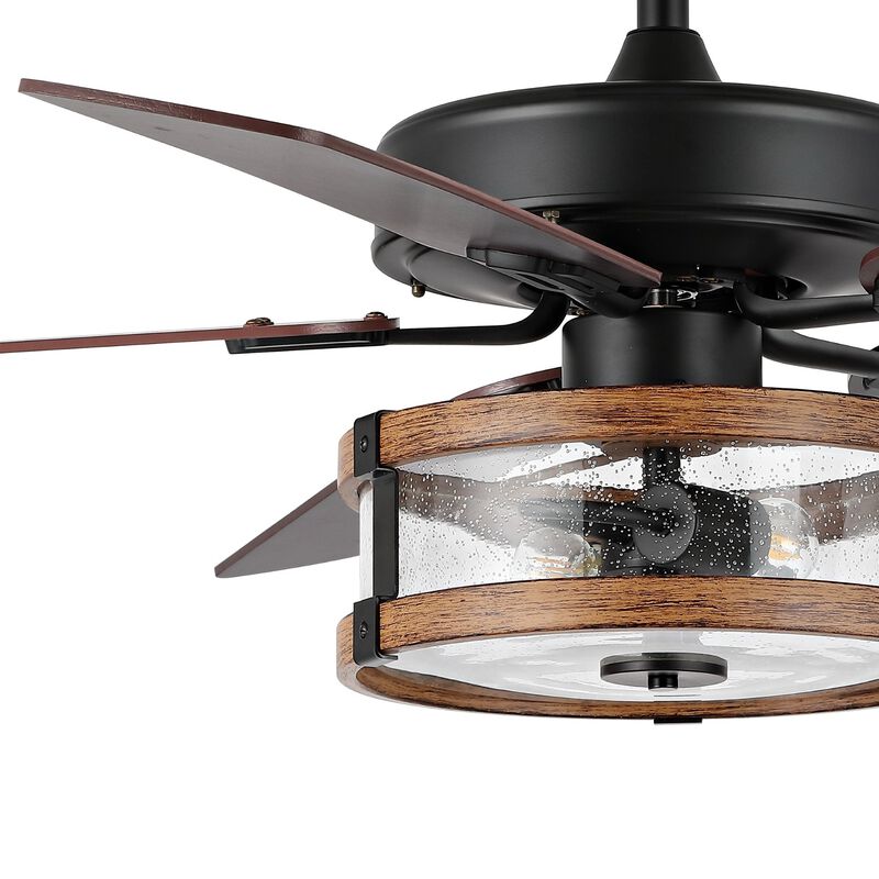 Joanna 52" 2-Light Rustic Industrial Iron/Wood/Seeded Glass Mobile-App/Remote-Controlled LED Ceiling Fan, Black/Brown/Clear