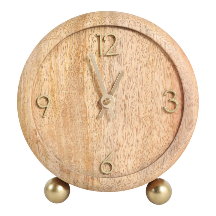 7x6" Round Footed Clock With Brass Details, Natura