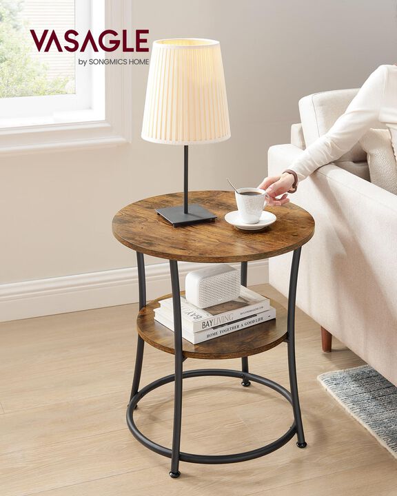 VASAGLE Side Table, Round End Table with 2 Shelves for Living Room, Bedroom, Nightstand with Steel Frame for Small Spaces, Outdo