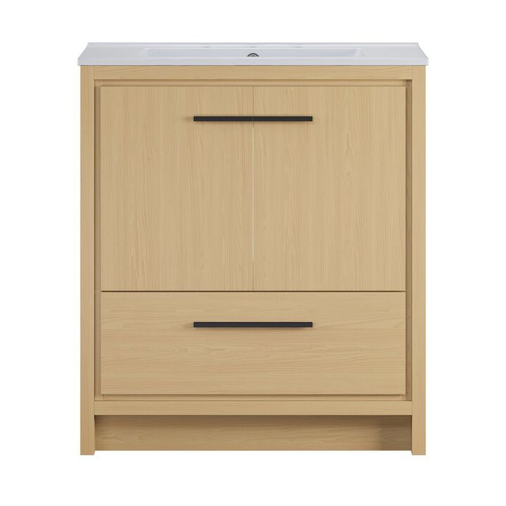 30" Freestanding Bathroom Vanity in Natural Oak with 3-Hole Widespread Sink Top