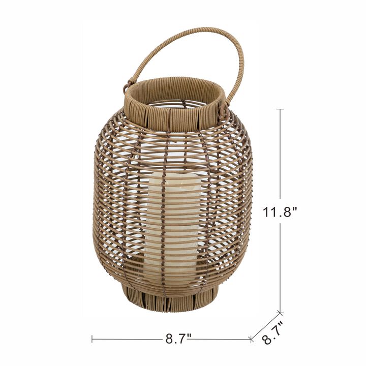 Clihome 8.7x8.7x11.8" Brown Poly Rattan Lantern with White LED Candle
