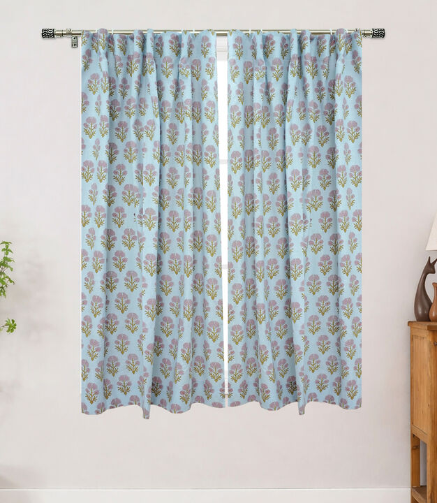 Fabdivine Floral Linen 54x144 Inch Curtain Handmade Block Print Semi Sheer Window Drape, Juhi