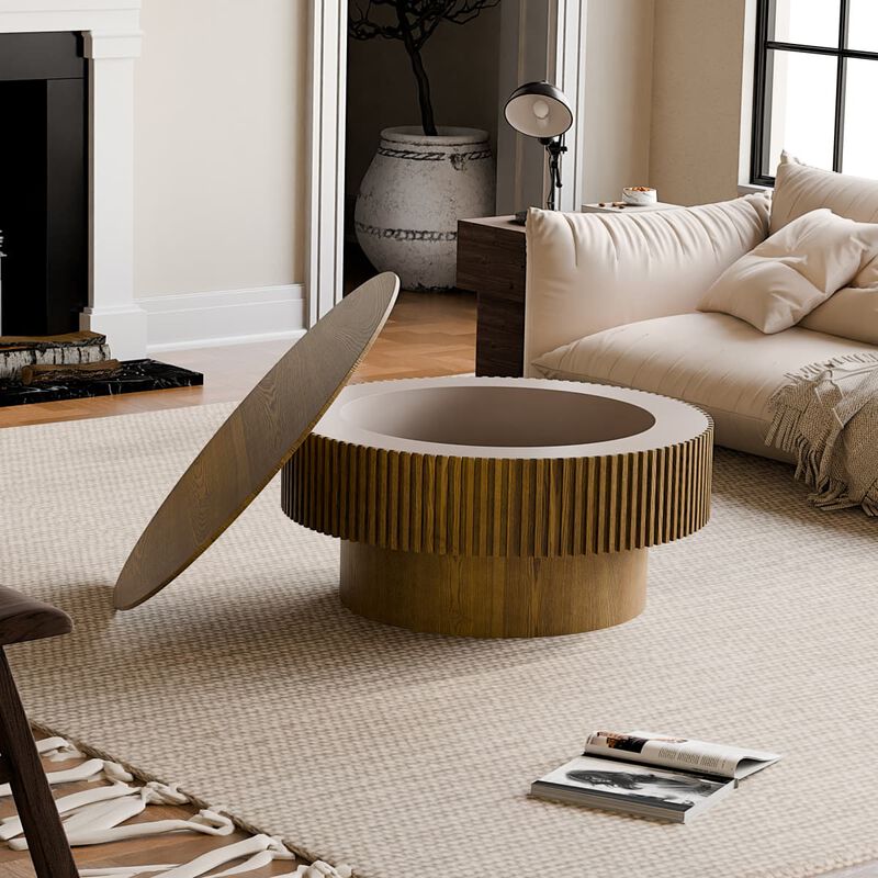 Round coffee table with storage Solid wood veneer and MDF coffee table with fluted base Modern accent coffee table for small spaces image number 5
