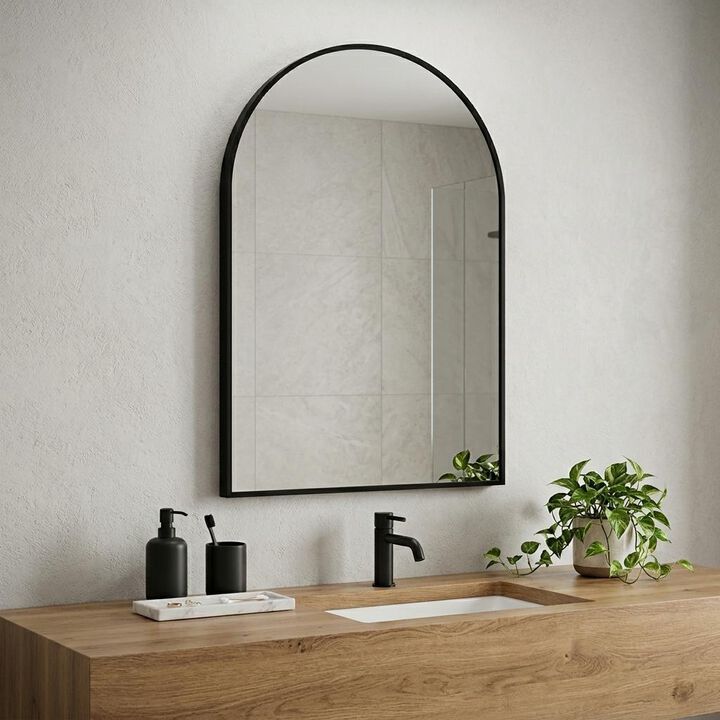 HomeRoots 35" Black Aluminum Arch Framed Anti Fog Accent Mirror