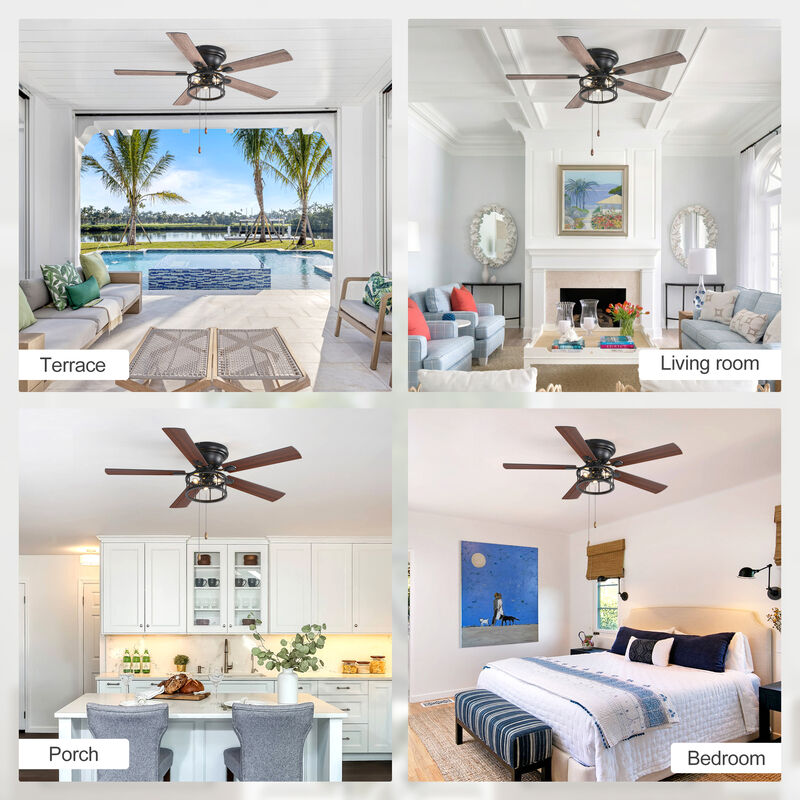 Breezary 52-inch Flush Mount Matte Black Industrial Ceiling Fan with Pull Chain(5-blade) image number 4
