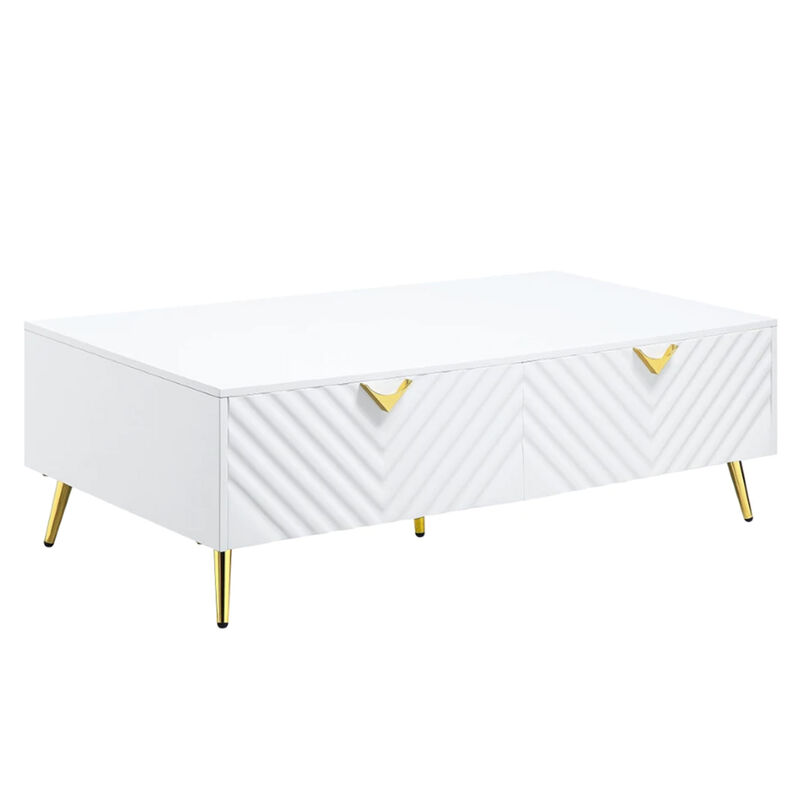 Tyra 53 Inch Modern Coffee Table, 2 Drawers, Metal Handles, White, Gold - Benzara
