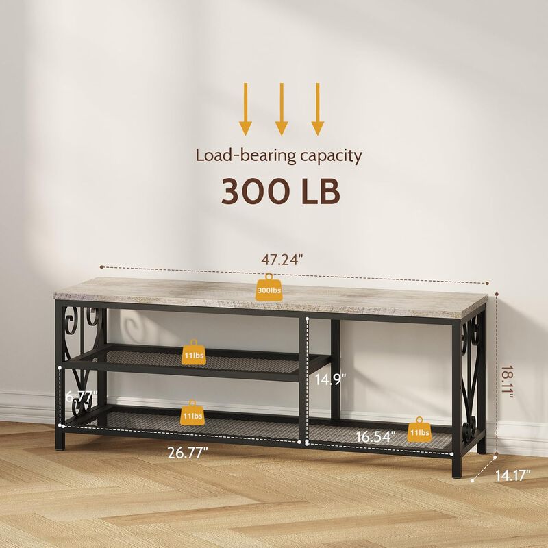 Shoe Bench with Shoe Rack, 47.2" L Entryway Bench with Seating, 2-Tier Shoe Organizer with Rustic Wood Top & Metal Frame for Entryway image number 2