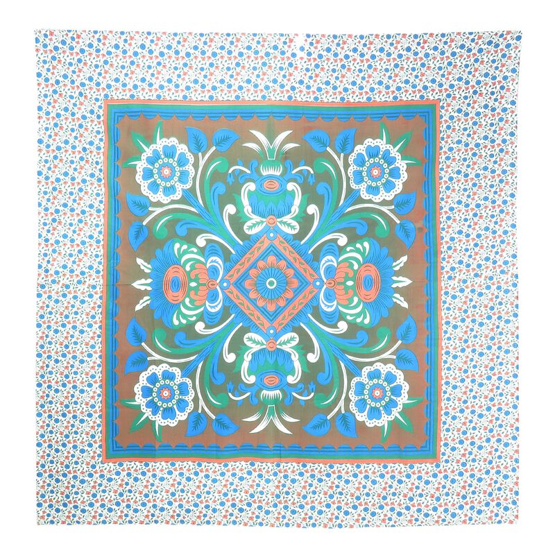 HomeRoots 88" X 84" Brown Blue And White Floral Cotton Hanging Tapestry image number 0