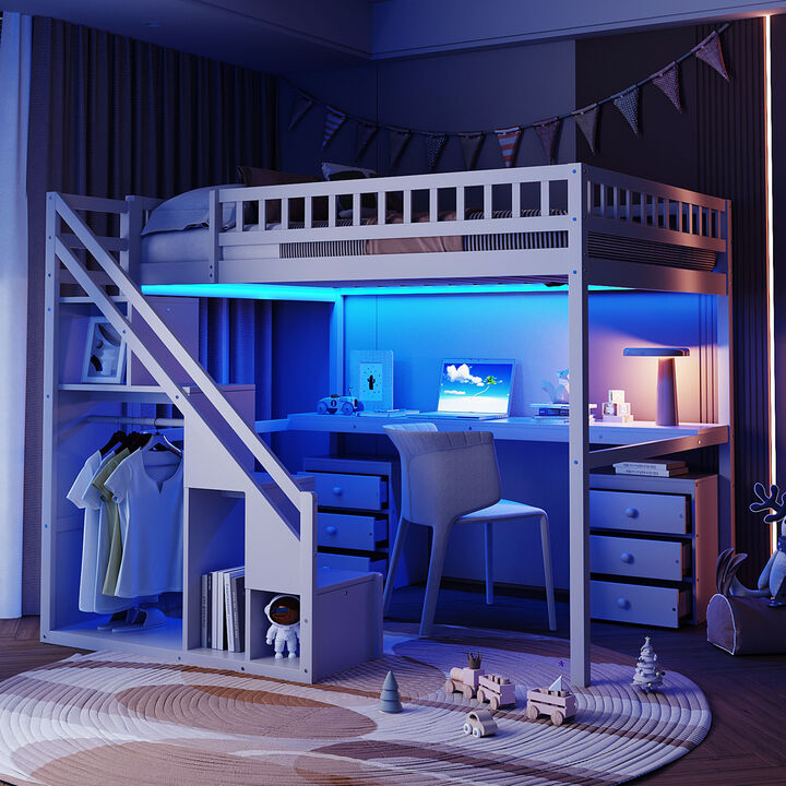Merax Full Size Loft Bed with Independent Staircase, Desk and LED Lights