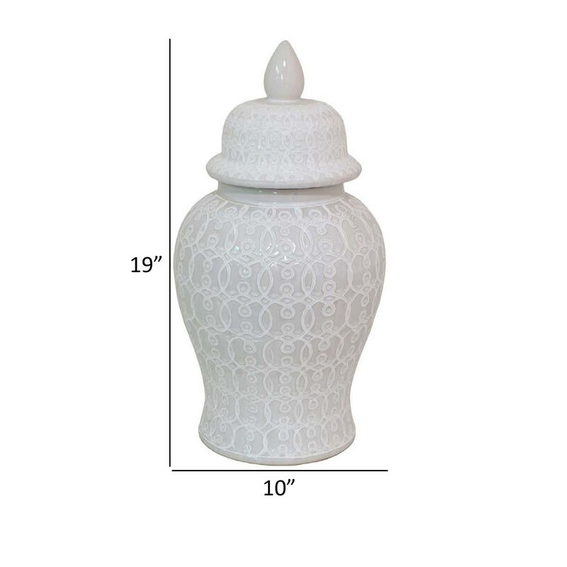 Deni 19 Inch Temple Jar, Removable Lid, Carved Pattern, Ceramic, White - Benzara