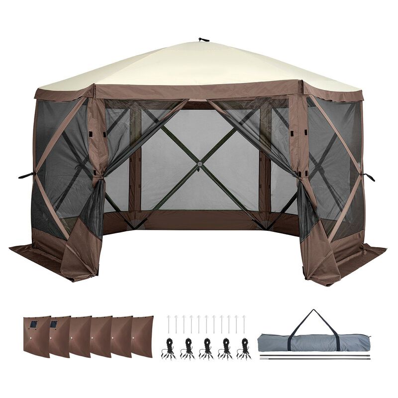 Portable 6-Sided Screen Canopy Tent with Privacy Panels, Mesh Windows & Quick Setup Design-Brown image number 3