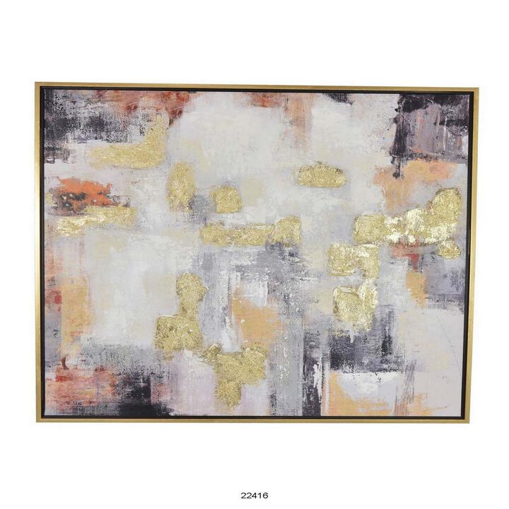 40 x 40 Inch Framed Wall Art Oil Painting, Gold Accent Abstract White Black - Benzara