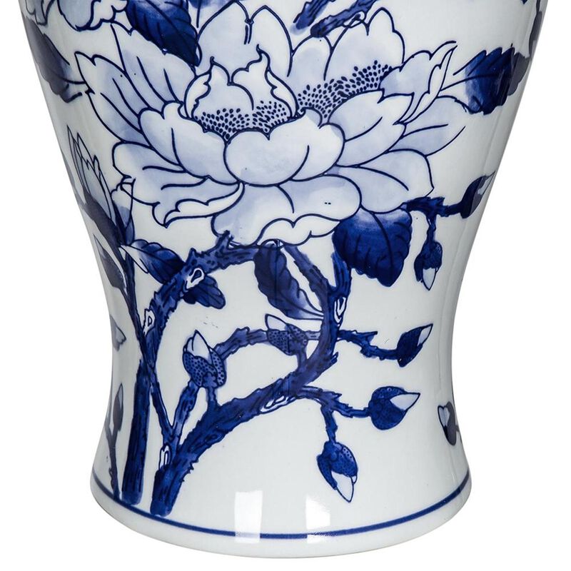 HomeRoots 13" Blue And White Floral Chinoiserie Round Porcelain Table Vase image number 4