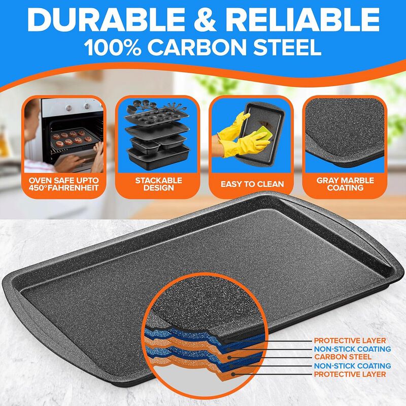 Stackable Baking Pan Set - Deluxe Nonstick White Marble Coating, Carbon Steel Bakeware Sets, PFOA, PFOS, PTFE Free, Recipe Booklet Included, Oven Safe (Up to 450°F), Set of 7