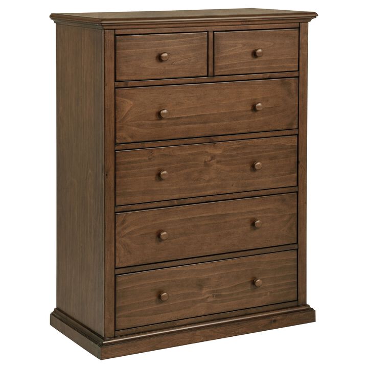 Umer Tall Dresser Chest, 6 Tinted Drawers, Plinth Base, Medium Brown Wood