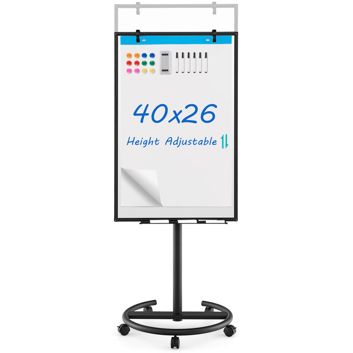 Adjustable Height Mobile Whiteboard with Round Stand and Paper Clip Holder